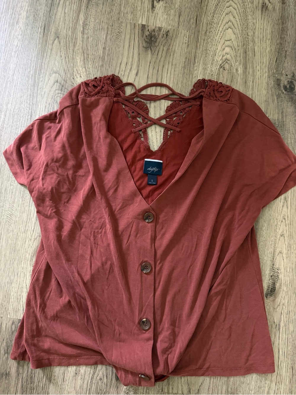 Rust Button-Front Lace-Back Women's Top